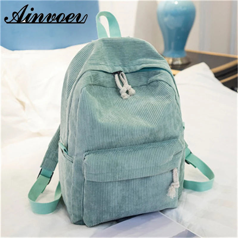 Striped Corduroy School Backpack for Teen Girls