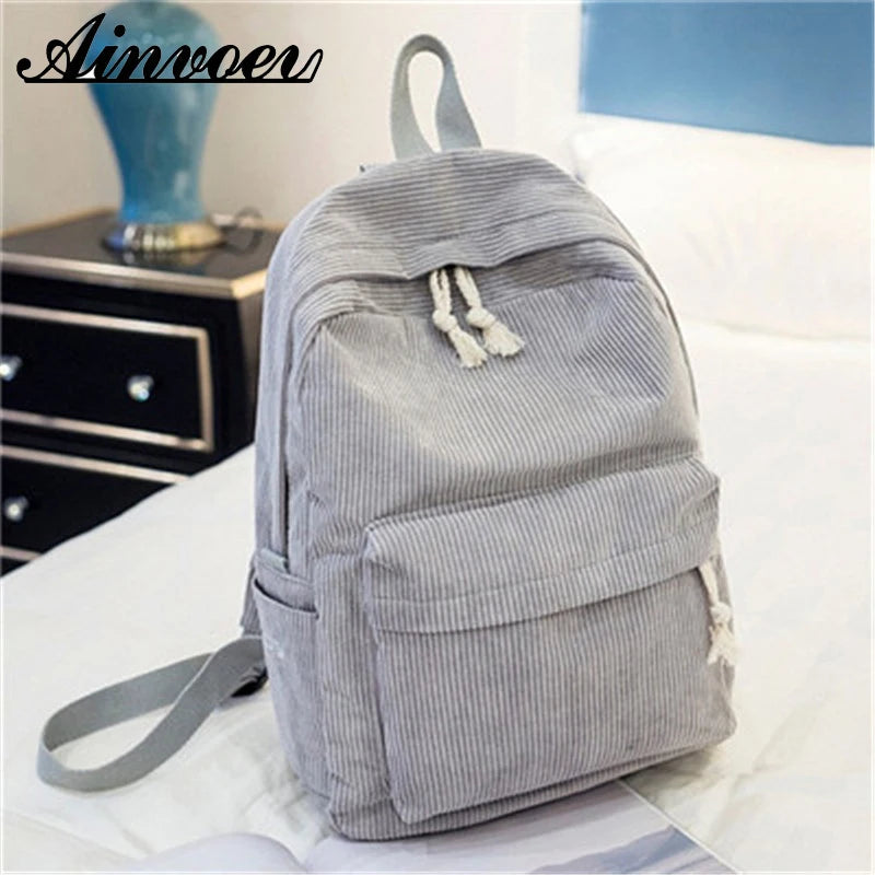 Striped Corduroy School Backpack for Teen Girls