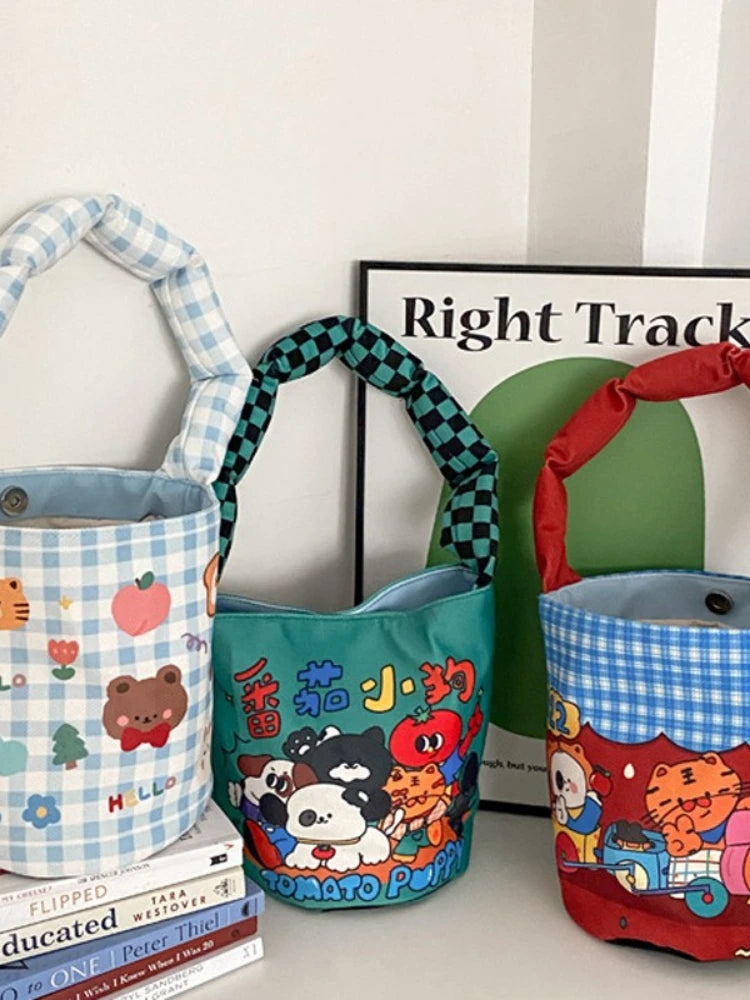 Animal Cartoon Print Bucket Shoulder Bag Canvas Tote