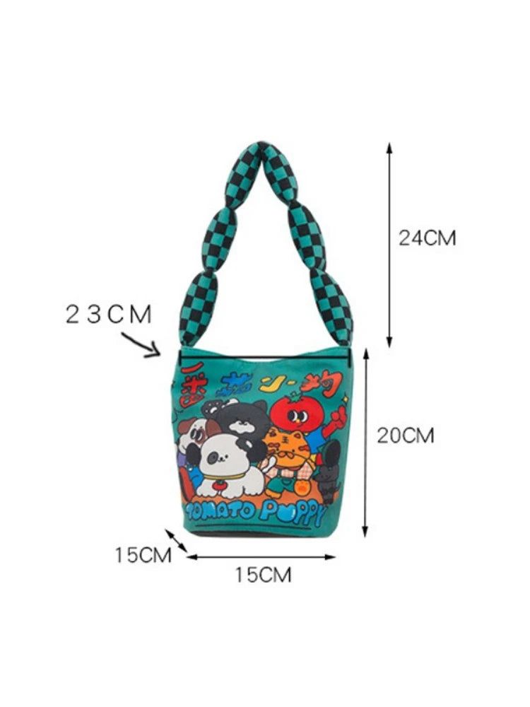 Animal Cartoon Print Bucket Shoulder Bag Canvas Tote