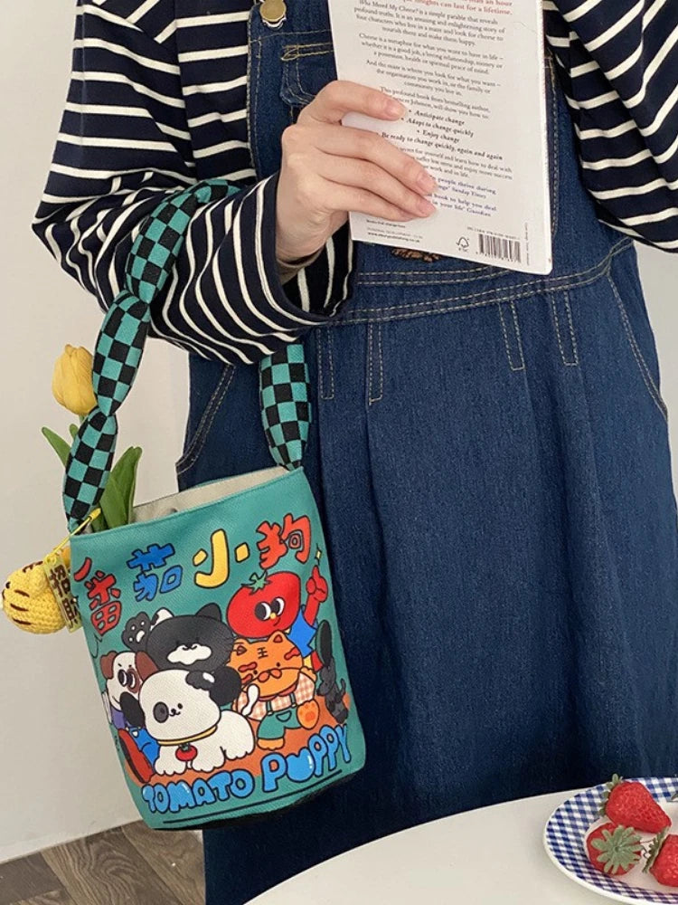 Animal Cartoon Print Bucket Shoulder Bag Canvas Tote