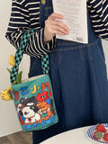 Animal Cartoon Print Bucket Shoulder Bag Canvas Tote