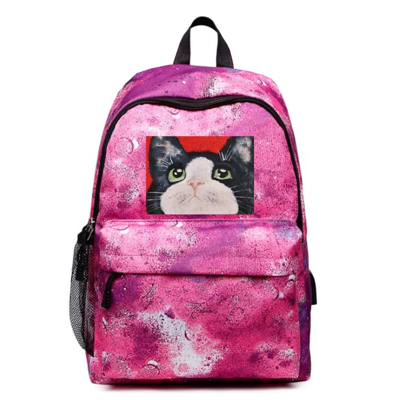 Cat Dog Galaxy Waterproof Rucksack Oxford Bag USB Charging Travel Backpack