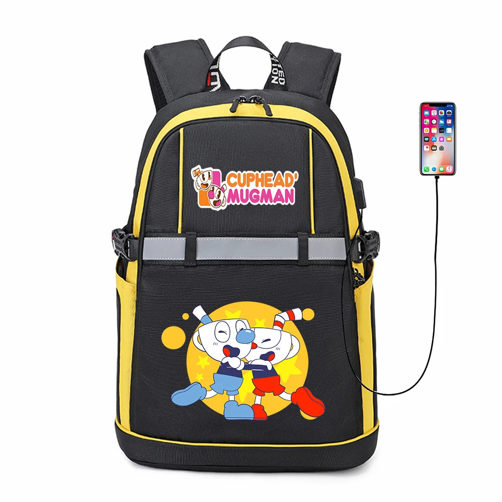 Anime Cuphead Oxford USB Backpack Cartoon Travel Schoolbag