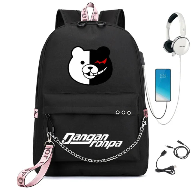 Danganronpa Backpack USB Port Monokuma School Bag Bear Pattern Teenagers Book Tr