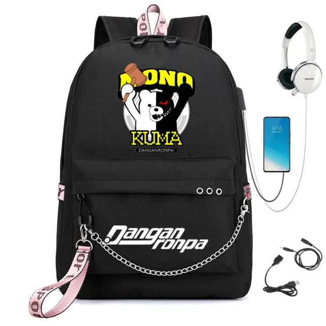 Danganronpa Backpack USB Port Monokuma School Bag Bear Pattern Teenagers Book Tr