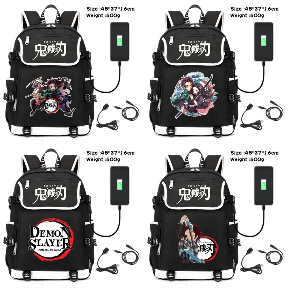 Demon Slayer Canvas Backpack USB Charging Teenagers Travel Laptop Bag