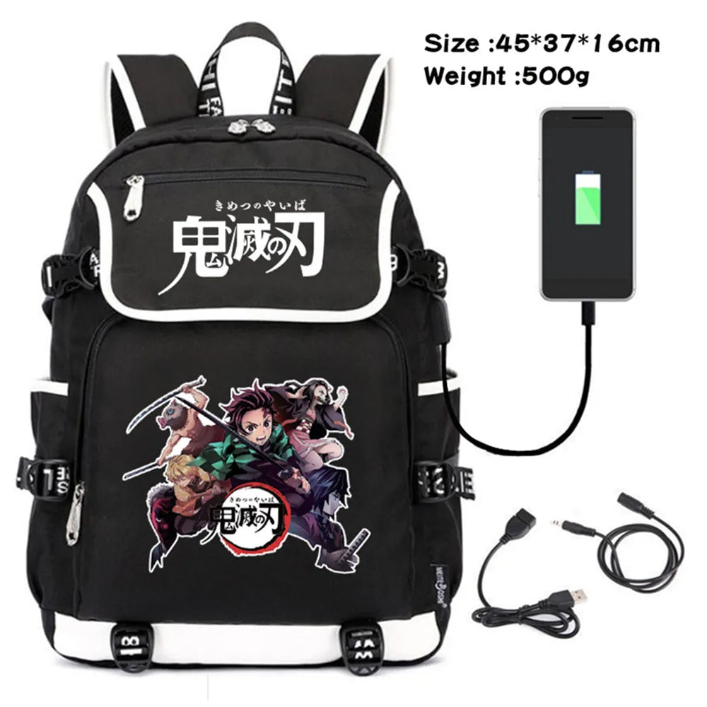 Demon Slayer Canvas Backpack USB Charging Teenagers Travel Laptop Bag