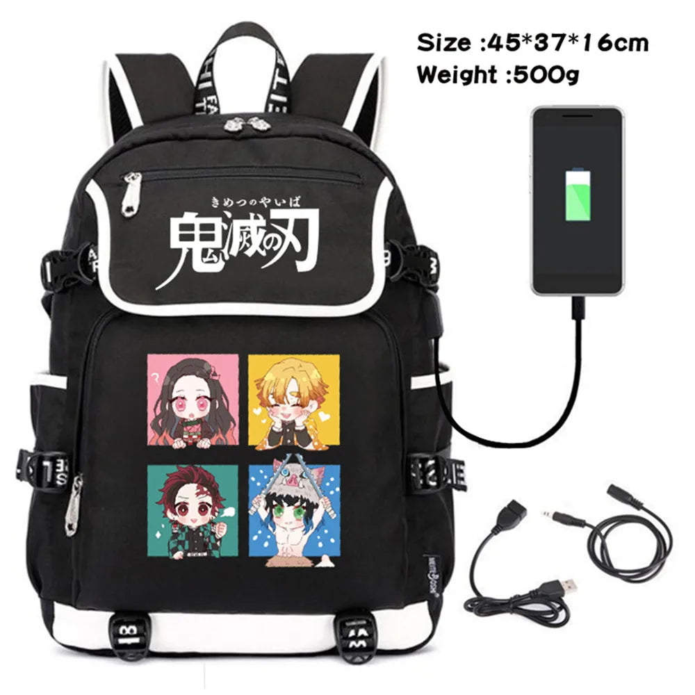 Demon Slayer Canvas Backpack USB Charging Teenagers Travel Laptop Bag