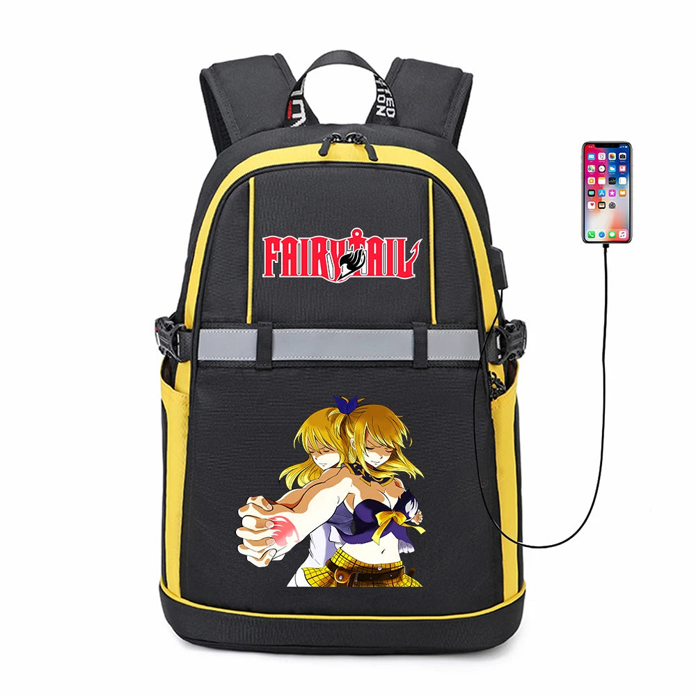 Anime FAIRY TAIL Oxford USB Backpack Reflective Stripe Cartoon Teenger Bookbag