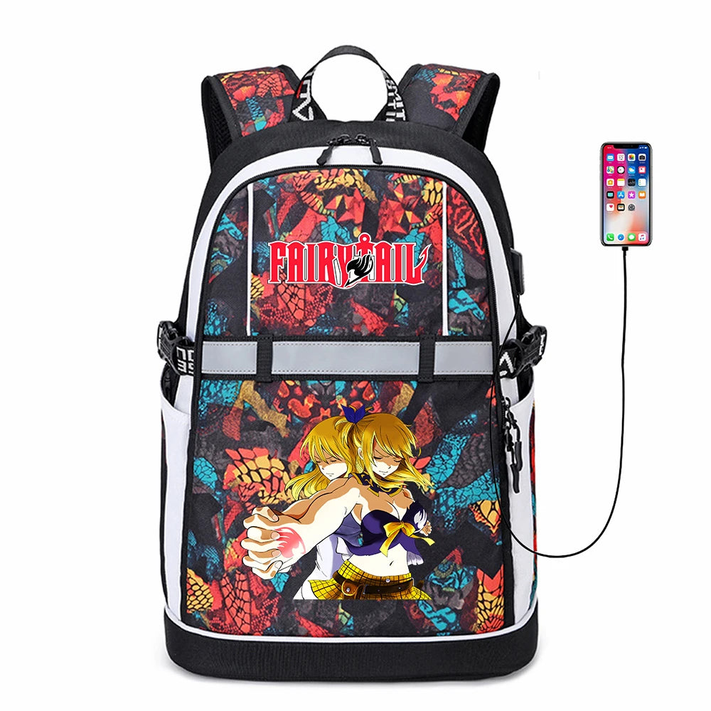 Anime FAIRY TAIL Oxford USB Backpack Reflective Stripe Cartoon Teenger Bookbag