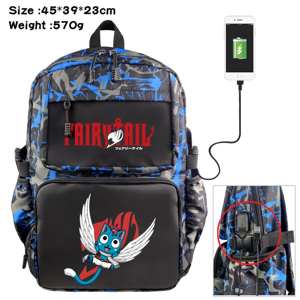 Fairy Tail Nylon Backpack USB Schoolbag Travel Laptop Bag