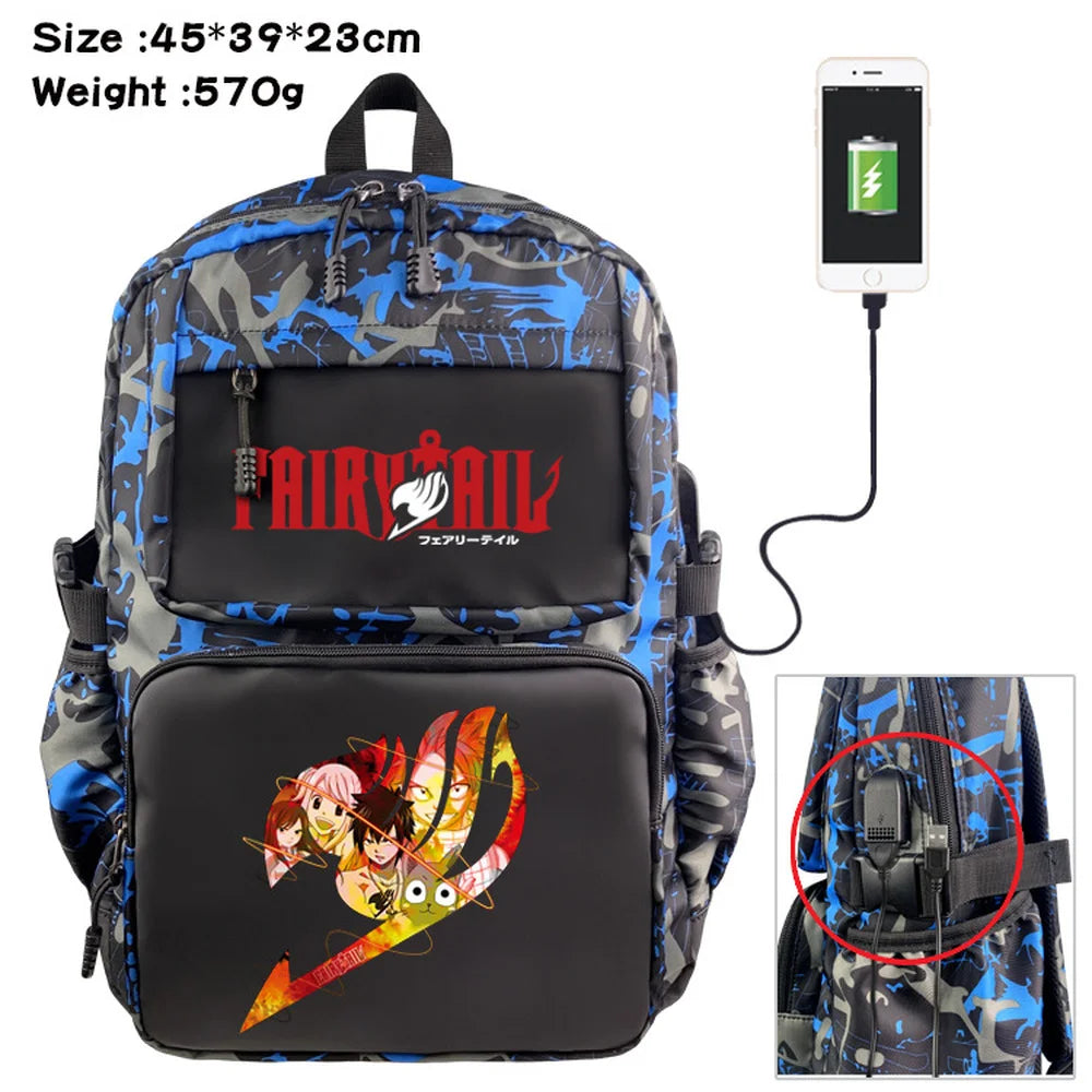 Fairy Tail Nylon Backpack USB Schoolbag Travel Laptop Bag