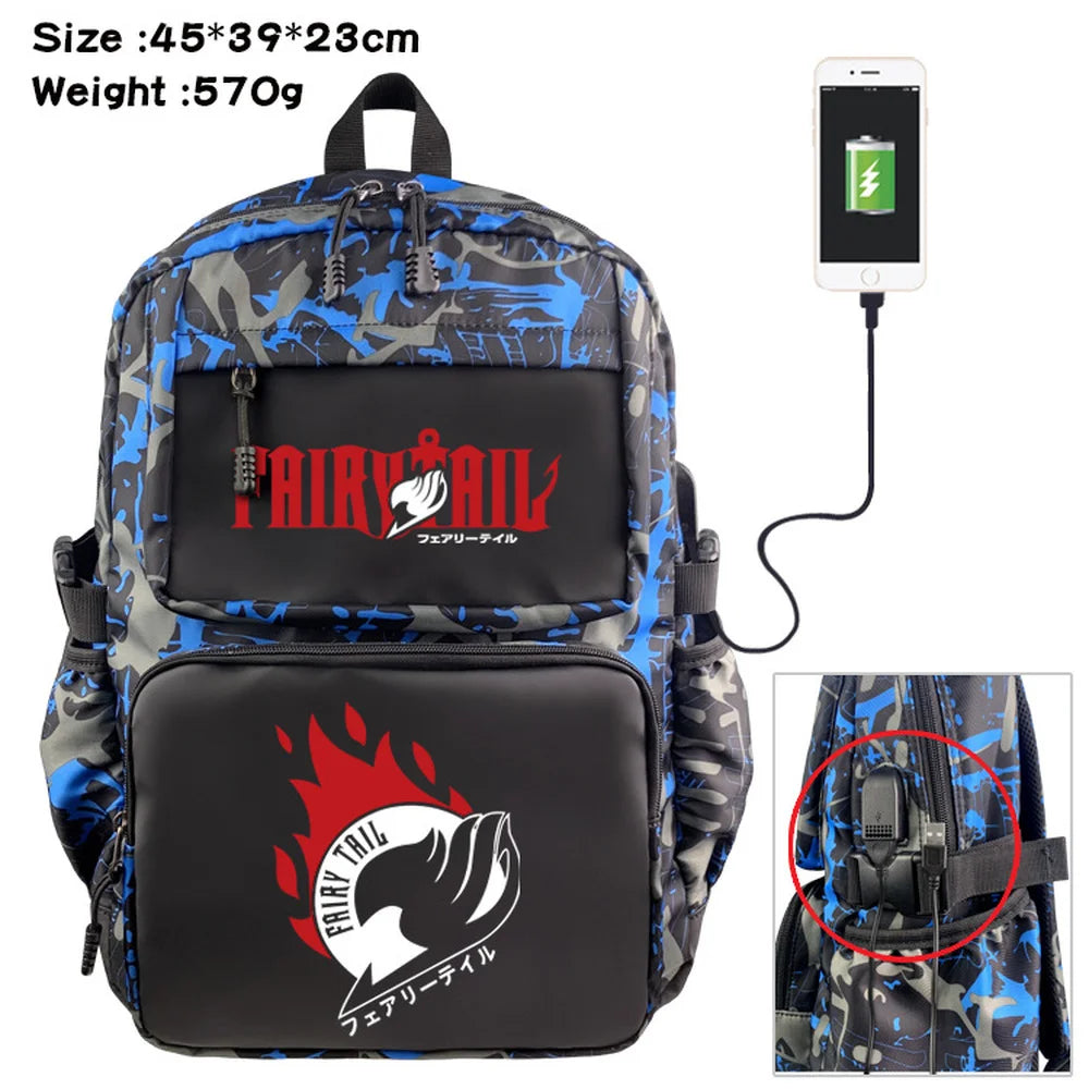 Fairy Tail Nylon Backpack USB Schoolbag Travel Laptop Bag