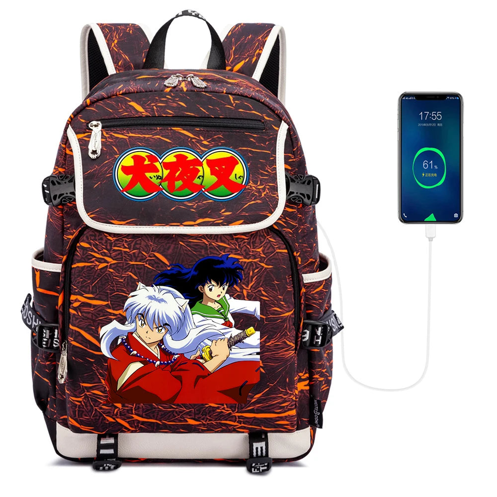 Anime Inuyasha Print Backpack USB Charging Knapsack Unisex Packsack