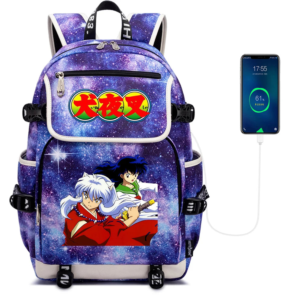 Anime Inuyasha Print Backpack USB Charging Knapsack Unisex Packsack