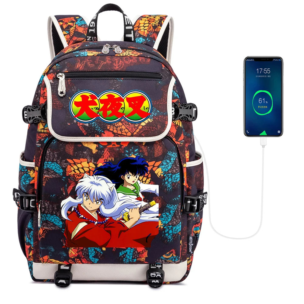 Anime Inuyasha Print Backpack USB Charging Knapsack Unisex Packsack