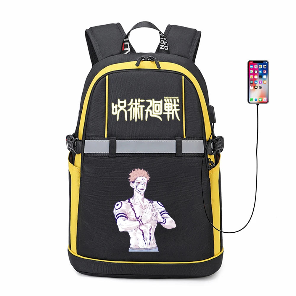 Jujutsu Kaisen USB Backpack Reflective Stripe Student Casual Bookbag Zipper