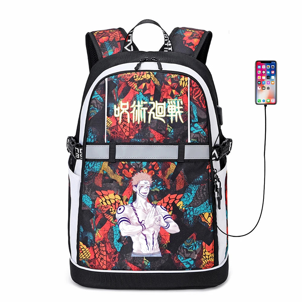 Jujutsu Kaisen USB Backpack Reflective Stripe Student Casual Bookbag Zipper