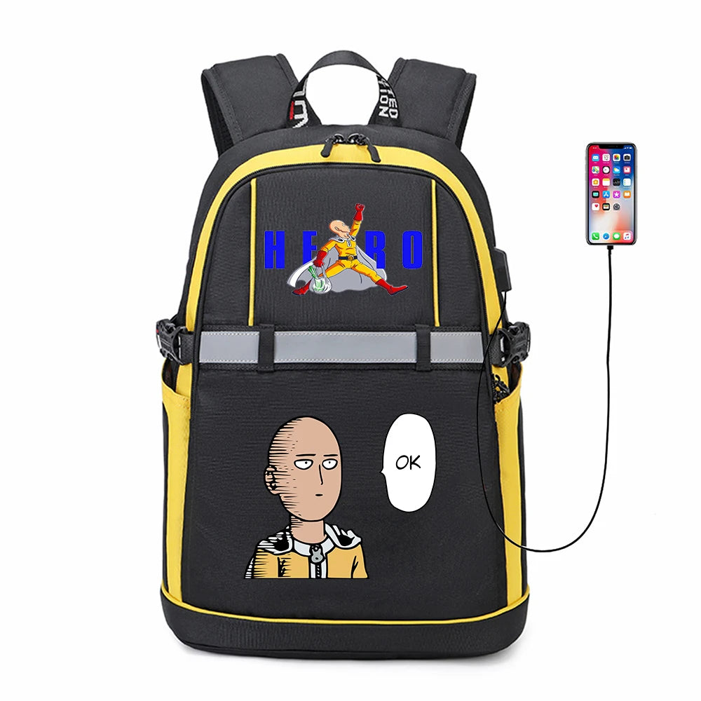 One Punch Man USB Backpack Reflective Stripe Zipper Student Bookbag