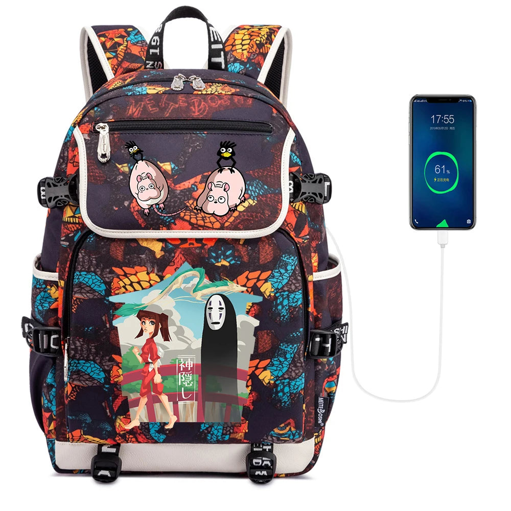 Spirited Away Casual Pack Travel Laptop Backpack USB Charging Student Schoolbag