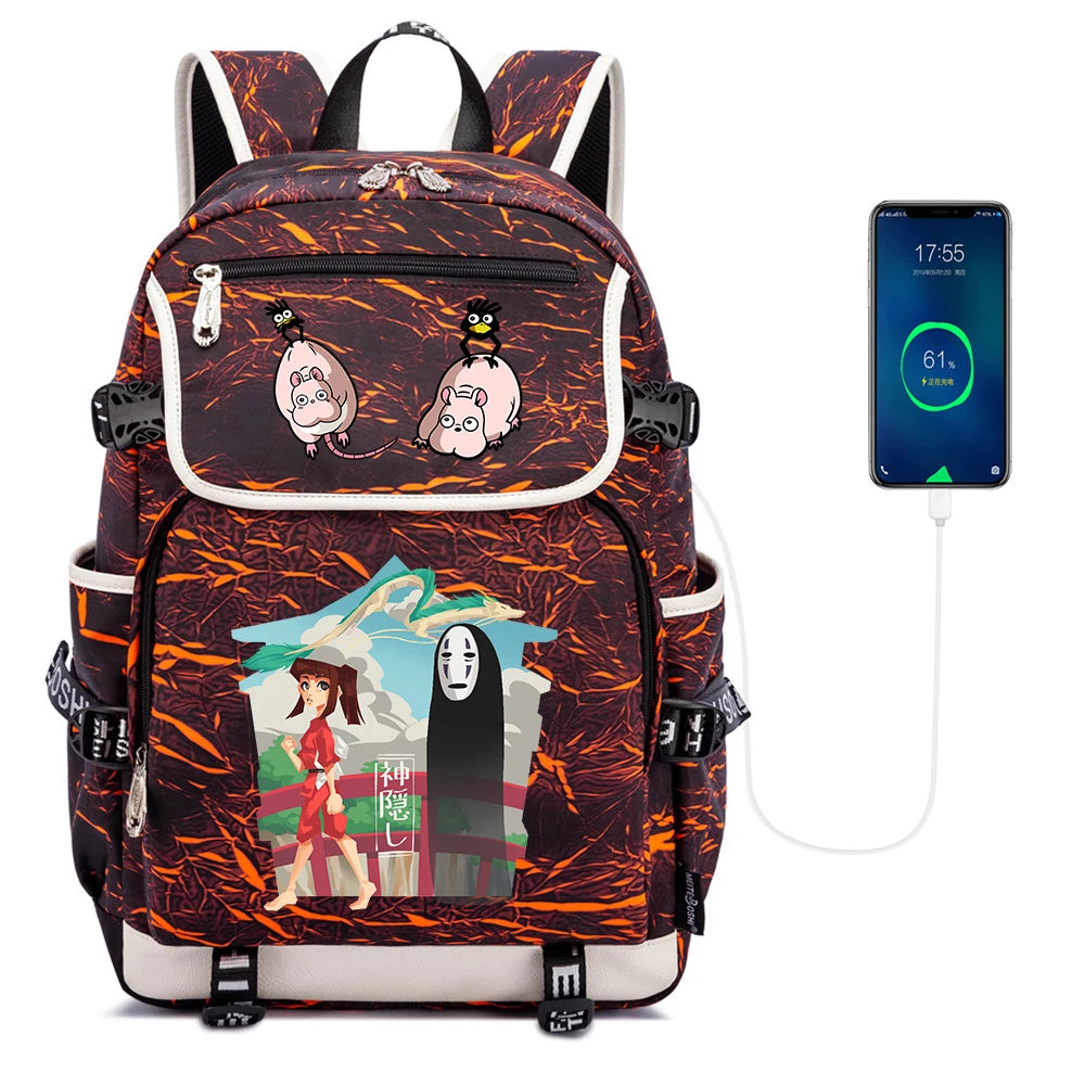 Spirited Away Casual Pack Travel Laptop Backpack USB Charging Student Schoolbag