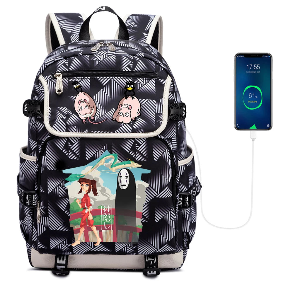 Spirited Away Casual Pack Travel Laptop Backpack USB Charging Student Schoolbag