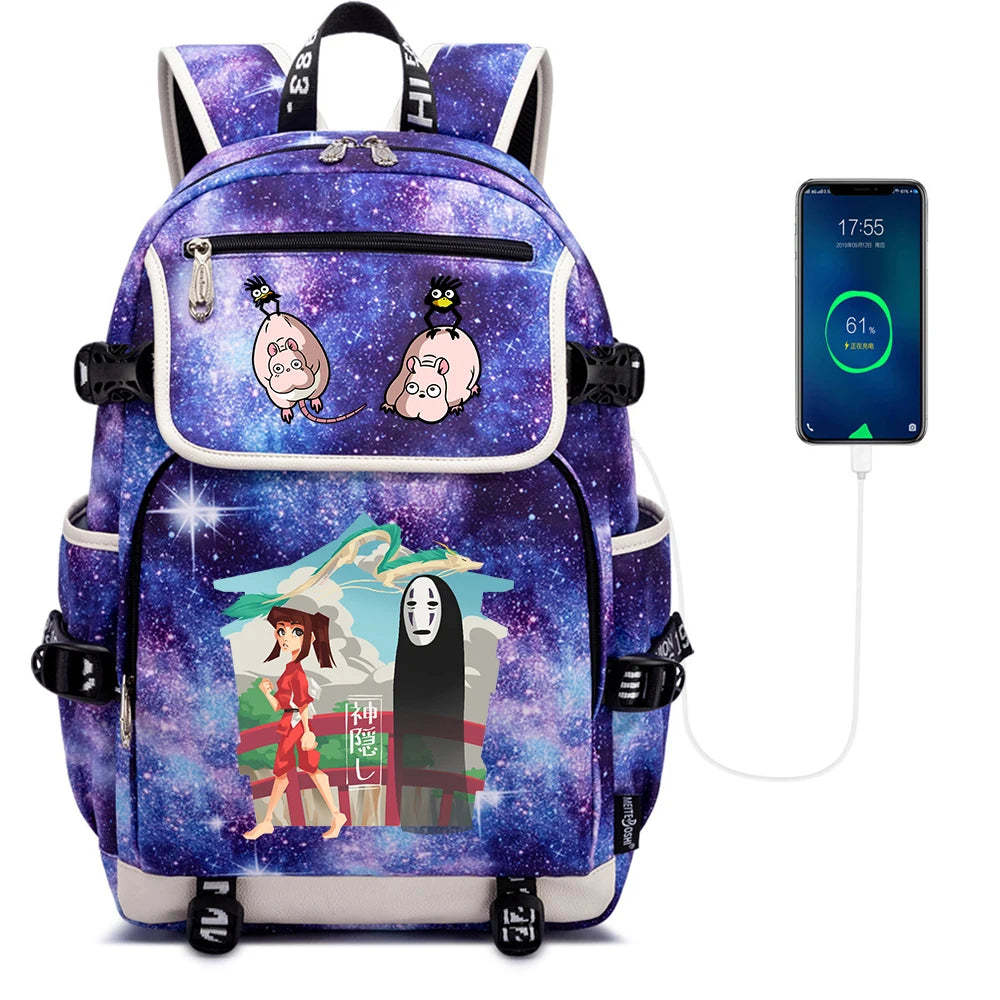 Spirited Away Casual Pack Travel Laptop Backpack USB Charging Student Schoolbag