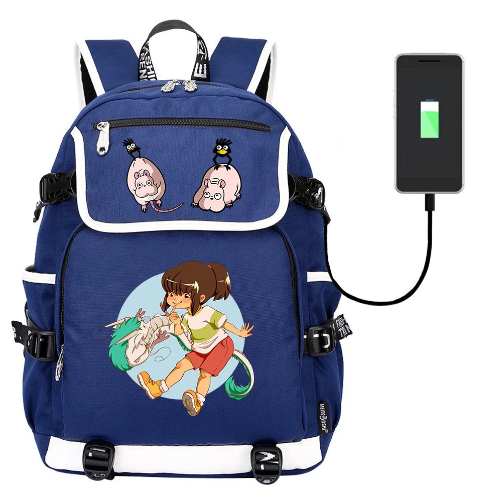 Anime Spirited Away Print Backpack USB Charging Knapsack