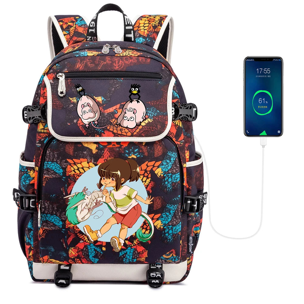 Anime Spirited Away Print Backpack USB Charging Knapsack