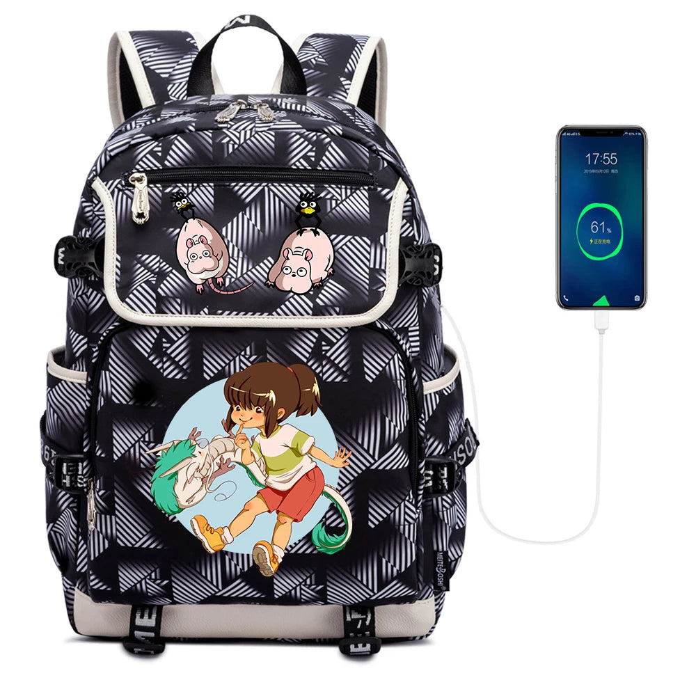 Anime Spirited Away Print Backpack USB Charging Knapsack