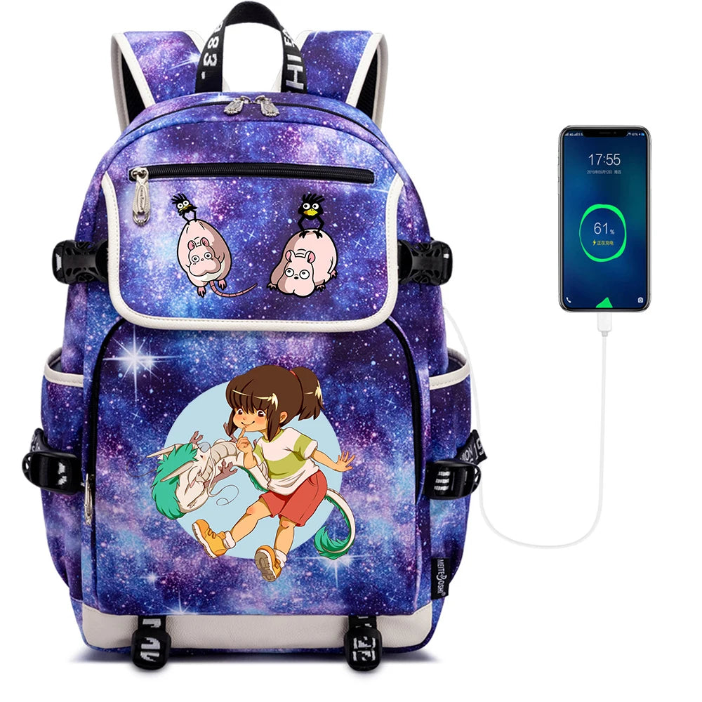 Anime Spirited Away Print Backpack USB Charging Knapsack