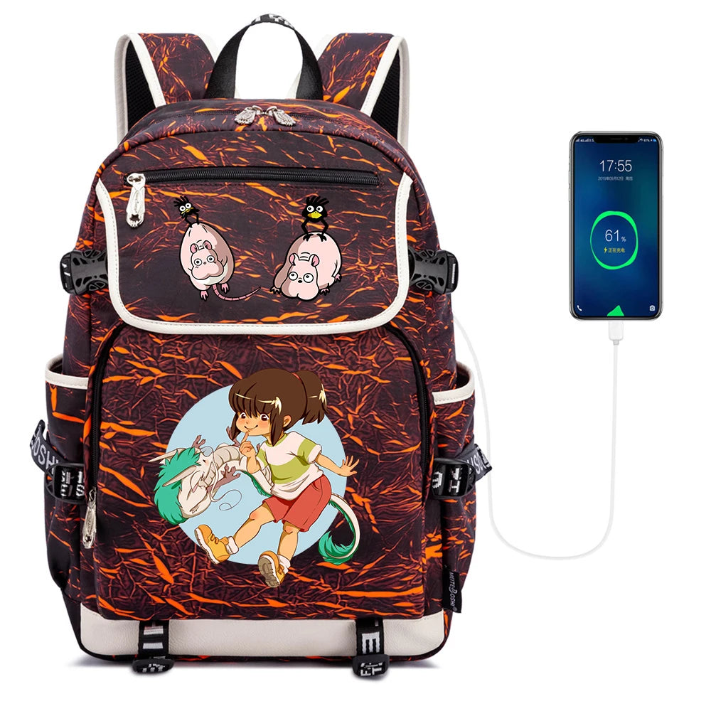 Anime Spirited Away Print Backpack USB Charging Knapsack
