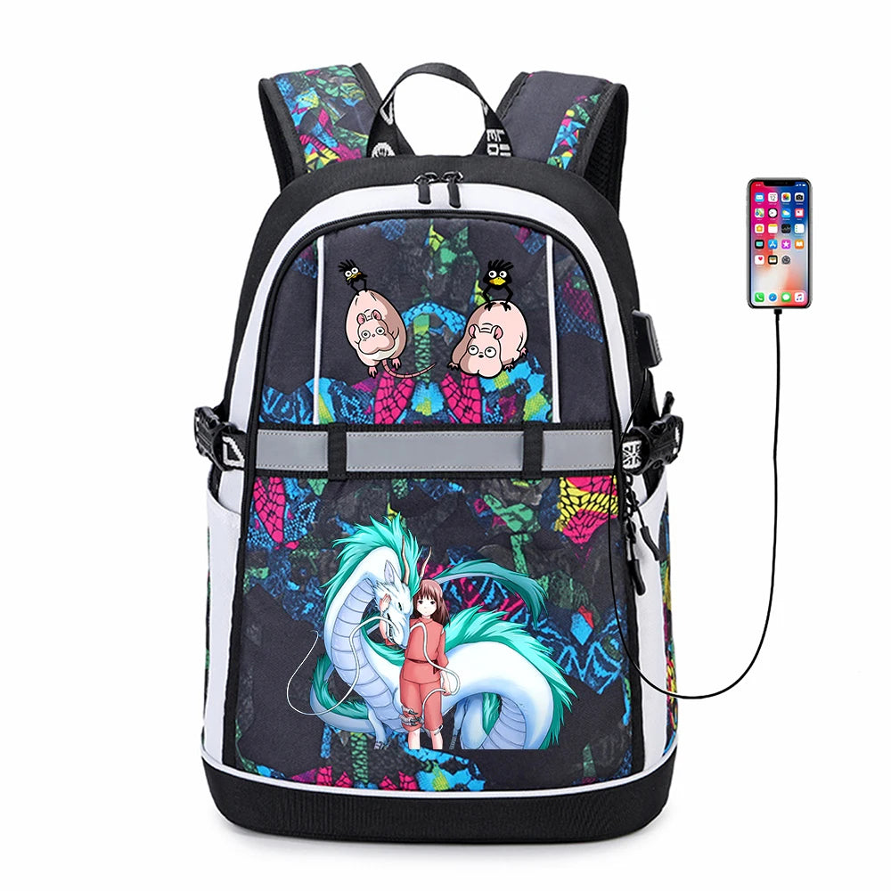 Anime Spirited Away USB Backpack Student Oxford Zipper Reflective Stripe