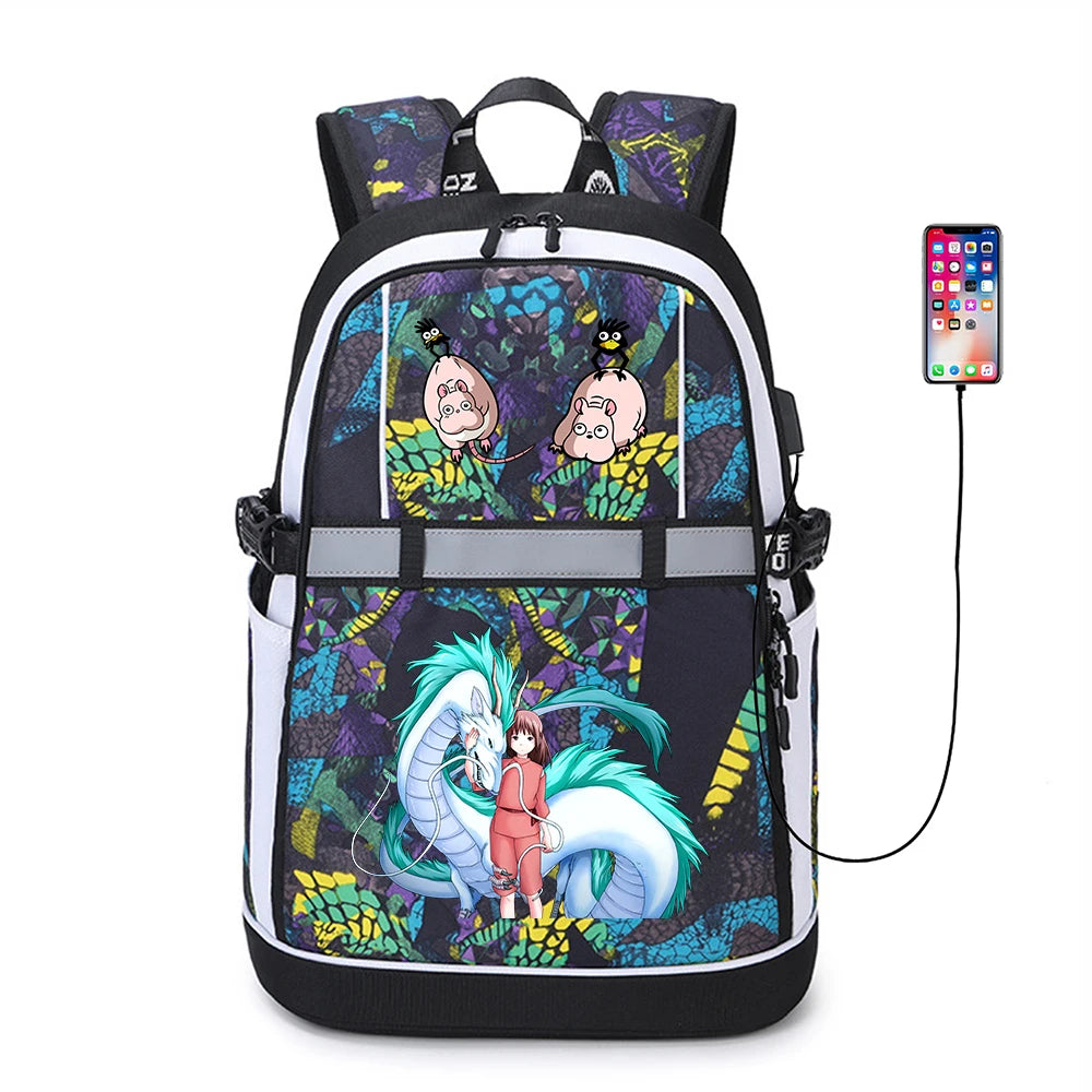 Anime Spirited Away USB Backpack Student Oxford Zipper Reflective Stripe
