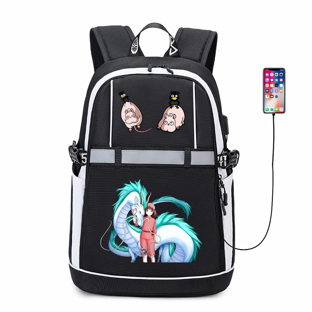 Anime Spirited Away USB Backpack Student Oxford Zipper Reflective Stripe