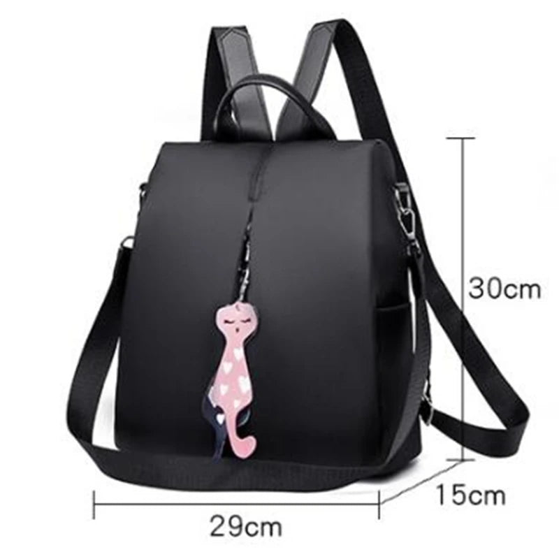 Anti-theft Nylon Backpack Large Daypack for Women with Cat Pendant