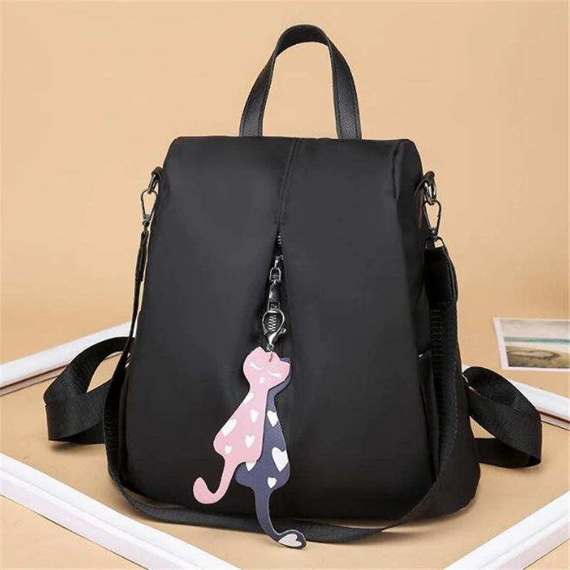 Anti-theft Nylon Backpack Large Daypack for Women with Cat Pendant