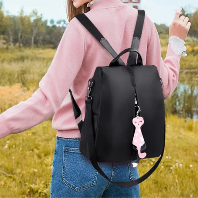 Anti-theft Nylon Backpack Large Daypack for Women with Cat Pendant