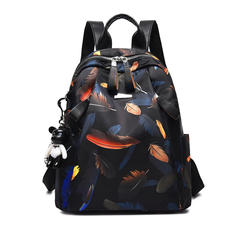Anti-thief Feather Print Backpack Female Oxford Cloth Waterproof Travel