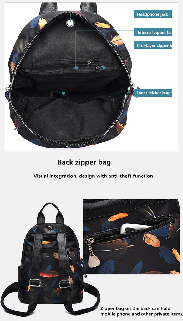 Feather Print Anti-thief Backpack Waterproof Travel Bag