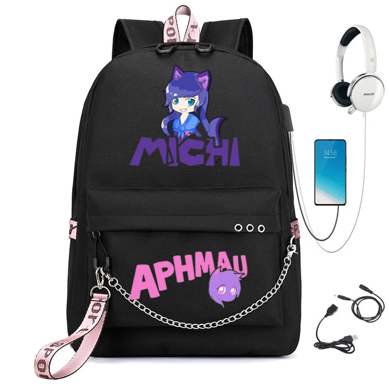 Aphmau Backpack USB Charging School Bag Waterproof Student Backpack