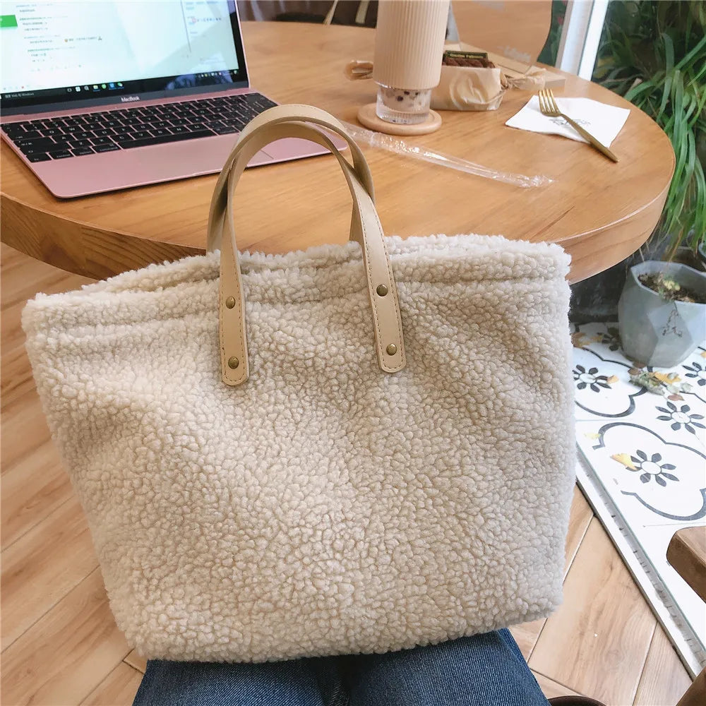 Apricot Lamb Wool Shoulder Bag Handbag Women's Warm Cream Tote Female Handbag