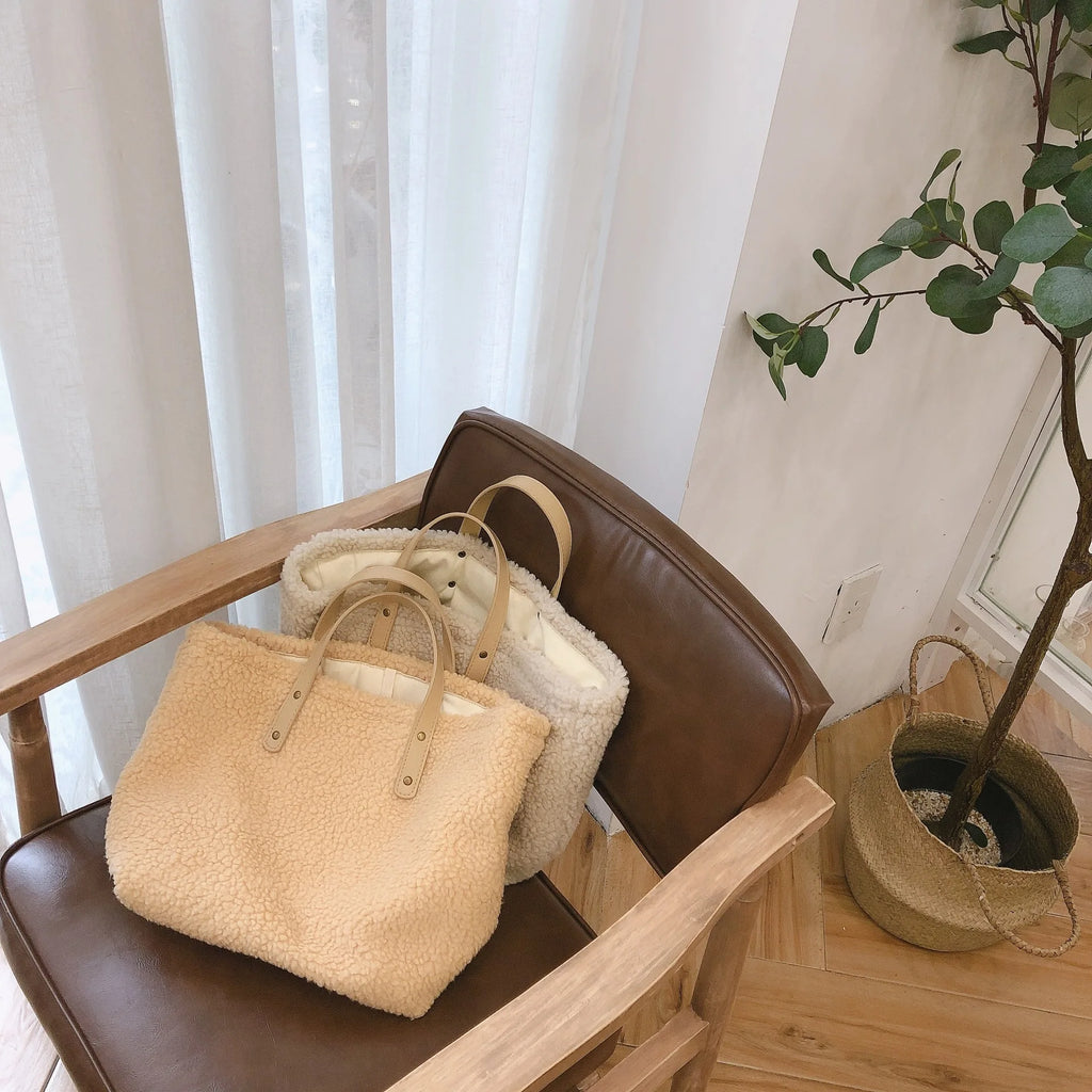 Apricot Lamb Wool Shoulder Bag Handbag Women's Warm Cream Tote Female Handbag