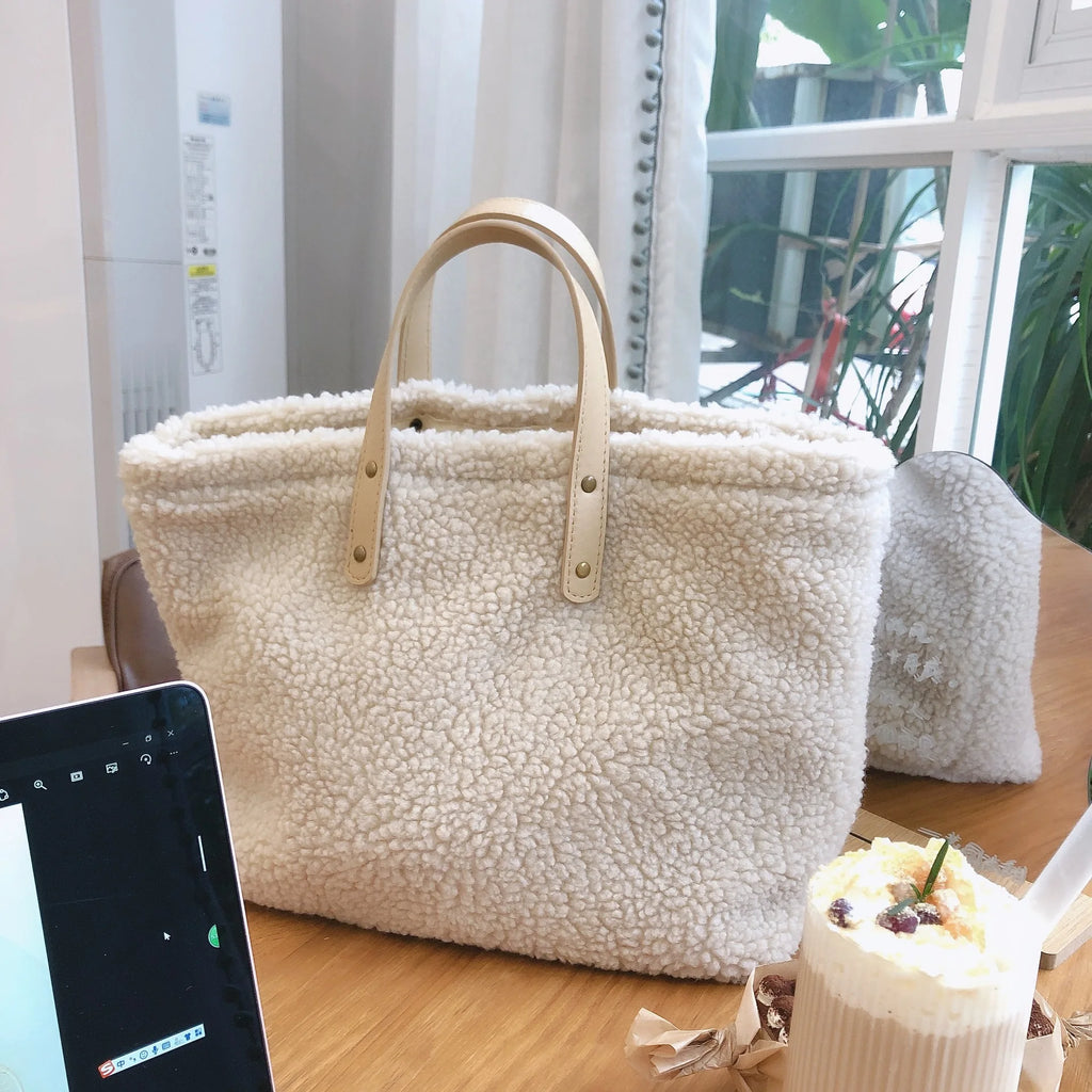Apricot Lamb Wool Shoulder Bag Handbag Women's Warm Cream Tote Female Handbag