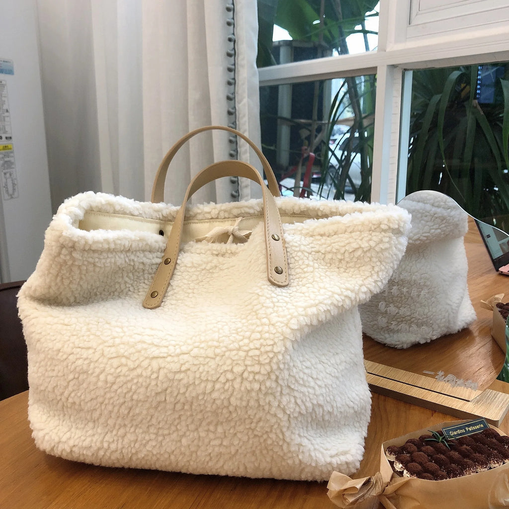 Apricot Lamb Wool Shoulder Bag Handbag Women's Warm Cream Tote Female Handbag