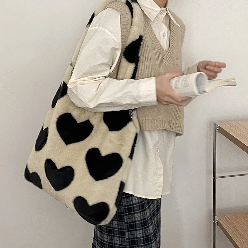 Faux Fur Love Heart Print Shoulder Bag Soft Plush Handbag Shopper Bag