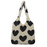 Faux Fur Love Heart Print Shoulder Bag Soft Plush Handbag Shopper Bag