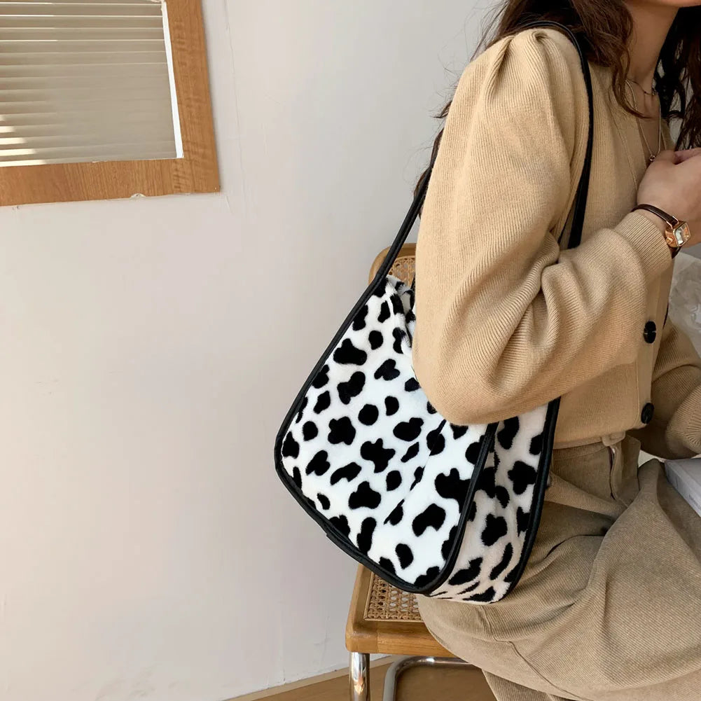 Plush Shoulder Bag Women Casual Print Shopping Tote Handbags