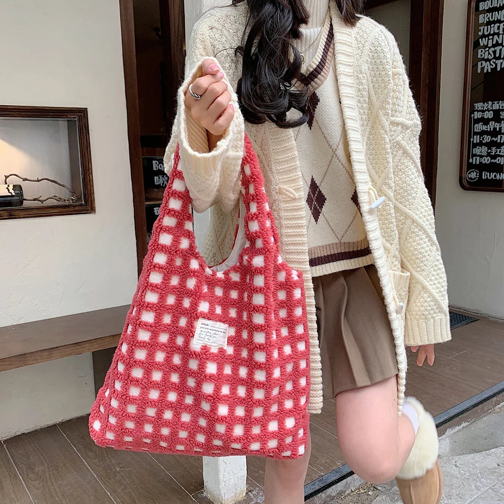 Waffle Plaid Top-handle Bag Large Capacity Casual Tote Shopping Street Travel